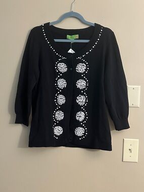 Black Cardigan with White Beaded Embellished Front